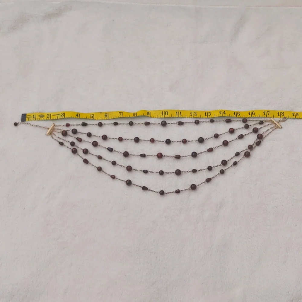 SALE: Gold-Colored Five Chain Necklace with Small Dark Brown Beads - Picture 8 of 10